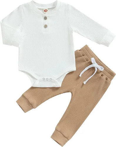 Vista 12 de Ropa para Bebé Recién Nacido Niño Niña Mameluco de Punto Acanalado Manga Larga Pantalones Algodón Sólido Conjuntos de Otoño Invierno para Bebés 2