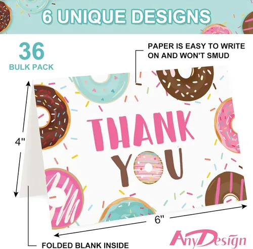 Vista 2 de AnyDesign Paquete de 36 tarjetas de agradecimiento en forma de dona con calcomanías de sellos, sobres surtidos de dibujos animados, tarjetas