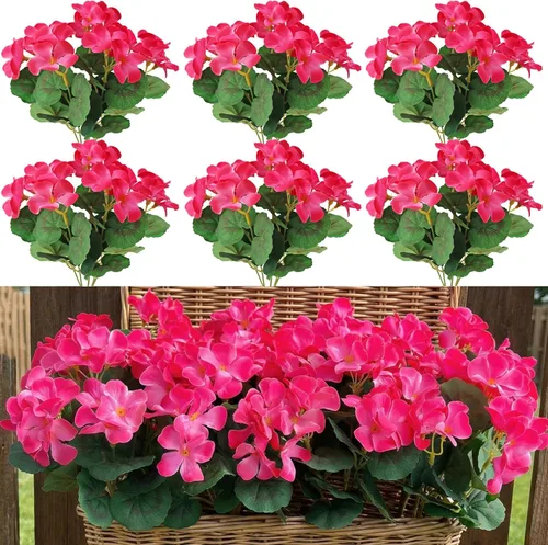 Vista 7 de Htmeing Arbusto de geranio artificial, 6 unidades, plantas artificiales decorativas de seda para exteriores o interiores (rojo)
