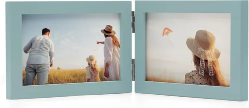 Vista 45 de Marcos de Fotos Dobles 4x4 con Bisagras Plegables en Negro para Colgar en la Pared o Poner en Mesa, Hechos de Madera de Pino con Vidrio Real P-44 *