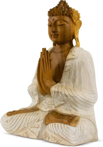 Vista 3 de G6 Collection Estatua de Buda de madera serena sentada hecha a mano, escultura meditante, decoración del hogar, acento de madera tallada a mano