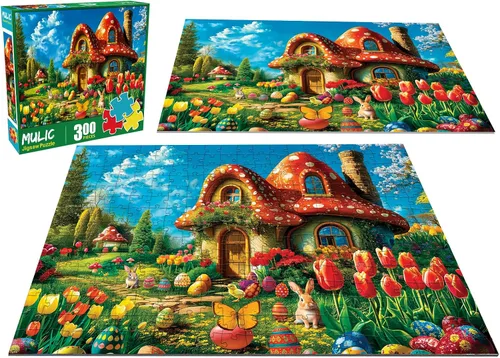 Vista 7 de Rompecabezas de 300 piezas para adultos y niños, rompecabezas de Pascua, casa de hongos