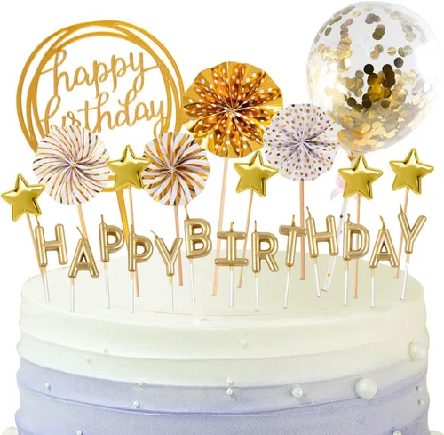 Vista 10 de BEAN LIEVE Juego de velas de cumpleaños, decoración de pastel con velas de pastel, confeti, globos, estrellas y abanicos, decoración de cupcakes, 12