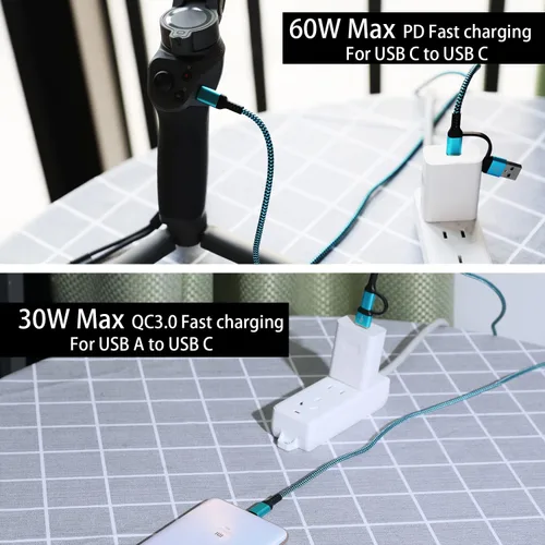 Vista 4 de Cable USB C a C, paquete de 3 cables de carga rápida de 6 pies QC y PD 2 en 1 USB-A/C a tipo C compatible con Samsung Galaxy S21 S10 S9 Note20