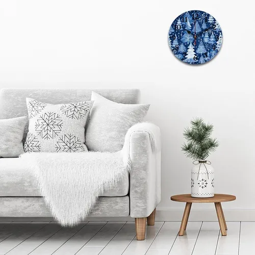 Vista 3 de Reloj de madera con árboles de Navidad y copos de nieve, reloj de pared redondo azul para interiores, funciona con pilas, silencioso, sin ruido