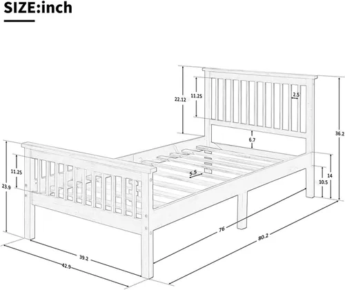 Vista 2 de Base de cama individual de madera de pino, cama de plataforma con cabecero, listones de madera maciza, rieles laterales de estribo, 6 patas