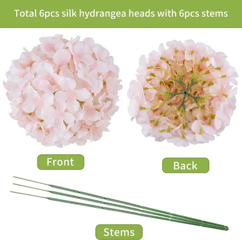 Vista 3 de DuHouse Hortensias artificiales de seda con tallos, hortensias falsas para bricolaje, centro de mesa de boda, decoración del hogar, paquete de 6
