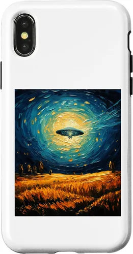 Vista 4 de iPhone 14 Funny paint Alien UFO Lover Starry Night Alien UFO Van Gogh Case