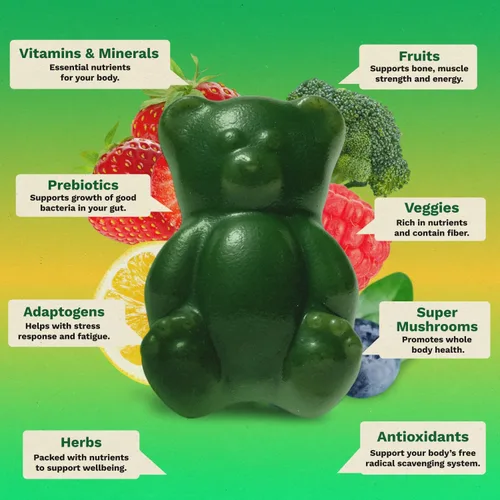 Vista 5 de Gruns - Gomitas Super Greens para Adultos, Ositos de Goma Multivitamínicos de Superalimentos, Espirulina, Clorela, Prebióticos y Gomitas de Fibra