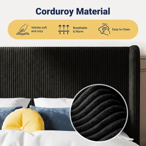 Vista 4 de Allewie Marco de cama tamaño completo con cabecera tapizada tipo wingback, cama plataforma de terciopelo de pana con capitoné de canales verticales