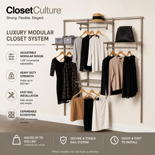 Vista 3 de Closet Culture - Poste de acero para sistema de armario, 24.0 in de largo x 1.5 in de profundidad, níquel champán