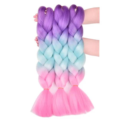 Vista 15 de BACANA Extensiones de cabello para trenzar en 4 tonos, degradado verde y rosa, extensiones de cabello colorido para trenzar, trenzas para niños