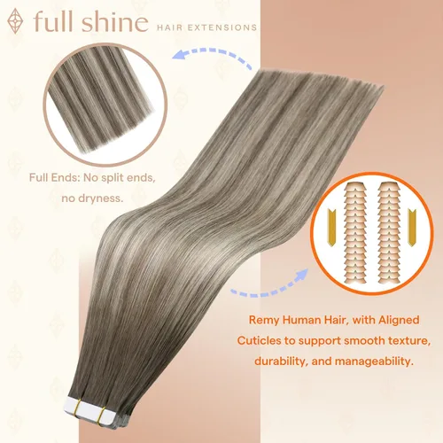 Vista 100 de Full Shine - Extensiones de cabello humano con cinta, mezcla de rubio hongo # 8 castaño ceniza resaltado 60 rubio ceniza