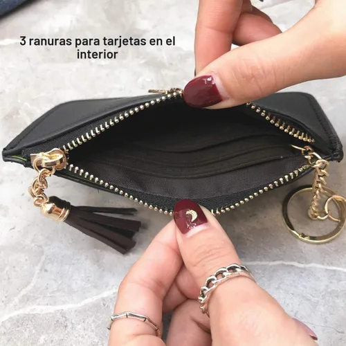 Vista 4 de Monedero de cuero para mujer con llavero, cartera de cambio, tarjetero con borla y cremallera, Negro, Pequeño, Minimalista