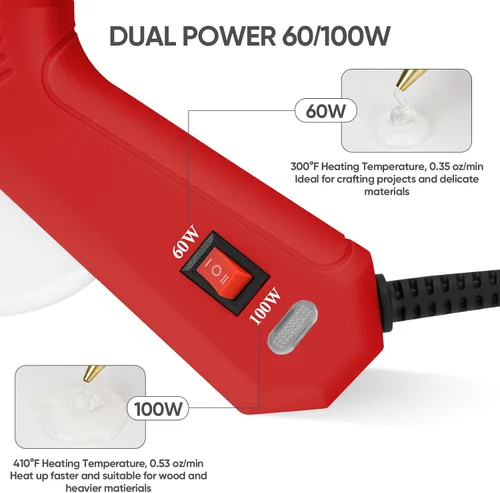 Vista 3 de Pistola de pegamento caliente de tamaño completo con potencia dual de 60/100 W y 21 barras de pegamento caliente (7/16"), pistola de pegamento