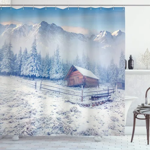 Vista 18 de Ambesonne Cortina de ducha con diseño de ciervo, silueta de animales del bosque brumoso en la naturaleza, diseño de dibujos animados, decoración