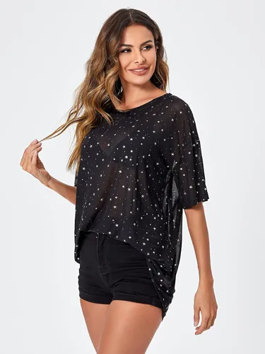 Vista 5 de WDIRARA Blusa de malla para mujer con purpurina transparente y de manga corta