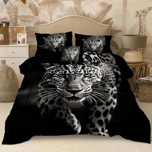 Vista 15 de Juego de edredón de león tamaño Queen con temática de animales salvajes, edredón de león negro, juego de ropa de cama con temática de safari de vida