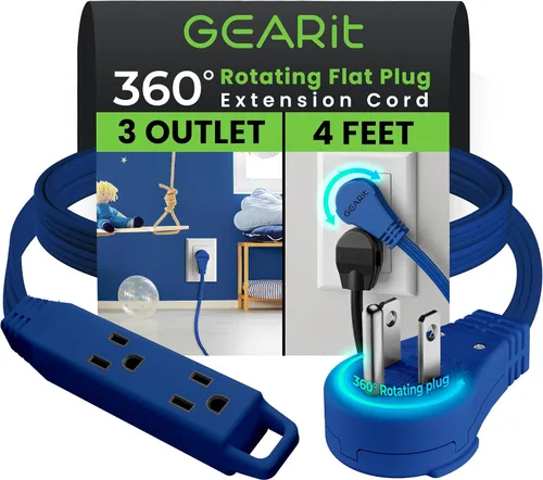 Vista 34 de GEARit Cable de extensión de enchufe plano giratorio de 360° de 3 pies, cable de alimentación de perfil bajo de 3 salidas, ahorro de espacio