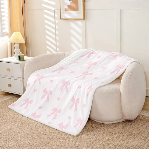 Vista 3 de Manta de franela rosa con lazo, estilo princesa, manta de forro polar de ensueño para decoración del hogar, sofá, sofá, manta romántica de forro