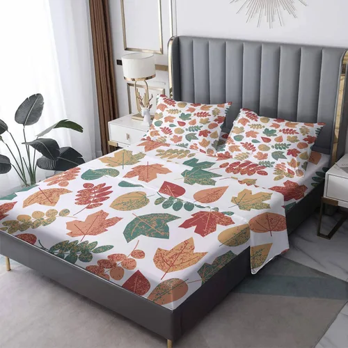 Vista 9 de Juego de sábanas de hojas de otoño tamaño individual, sábanas de microfibra suave y bolsillo profundo, sábanas y fundas de almohada estampadas sin