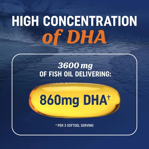 Vista 2 de Aceite de pescado DHA Omega 3 de triple fuerza 3600 mg Más de 2100 mg de ácidos grasos omega-3 con 860 mg de DHA 1300 mg EPA Los mejores