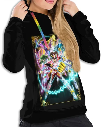 Vista 3 de KLEIDUNG Anime Saint Seiya Sudadera con capucha de moda para mujer, manga larga, con cordón, color negro