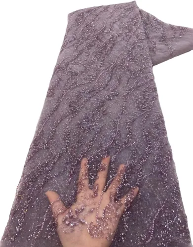 Vista 6 de Tela de encaje africano bordada con lentejuelas, con cuentas de artesanía pesadas y brillo floral, de tul francés, para vestido con cola, 4,5 Negro