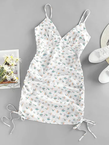 Vista 2 de ZAFUL Women's Ditsy Floral Cami Mini Dress Ruffle Ruched Bodycon Dress Mermaid Flare Dress