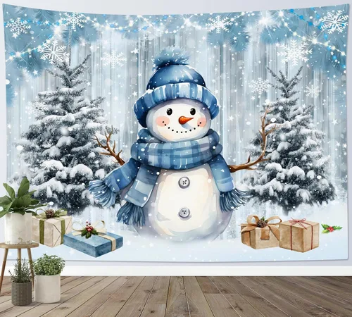 Vista 4 de HVEST Tapiz navideño de invierno para colgar en la pared, muñeco de nieve divertido con sombrero azul y tapices de regalo de Navidad, tapiz de pino