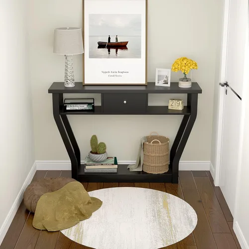 Vista 6 de WATERJOY Mesa de entrada de madera de 47 pulgadas con cajón y estante, mesas decorativas para sala de estar y pasillo
