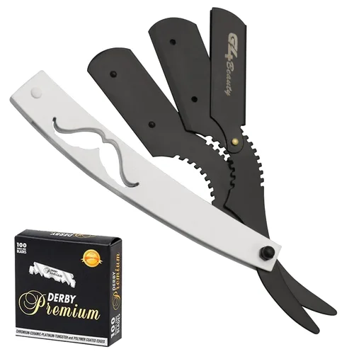 Vista 10 de Cuchilla de afeitar G4 de acero inoxidable con borde recto para afeitar, cuchillas reemplazables (negro)
