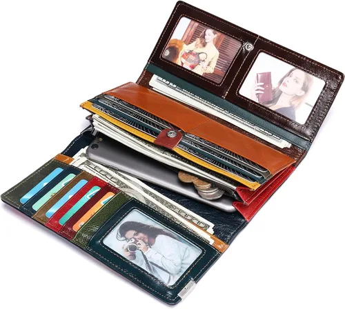 Vista 4 de MASIWEI Cartera de piel auténtica con retazos para mujer, multicolor, triple, tarjetero, organizador de dinero con monedero, Multicolor3