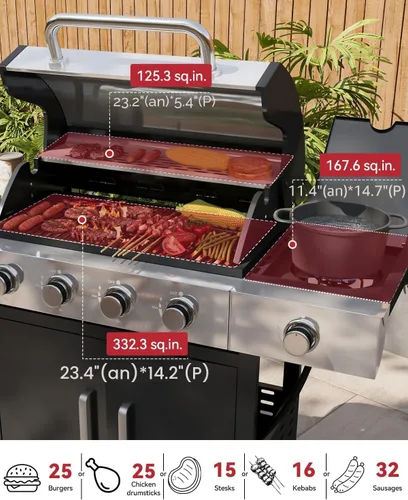 Vista 4 de Aoxun Parrilla de propano de 4 quemadores con quemador lateral, parrilla de gas de 49000 BTU, parrilla de acero inoxidable para exteriores con Negro
