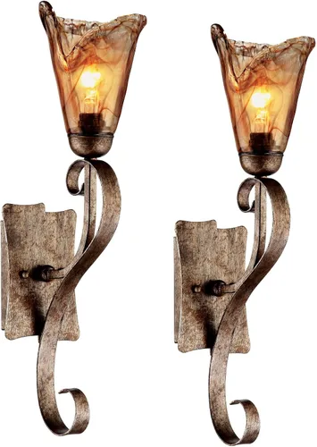 Vista 2 de Amber Scroll - Juego de apliques de pared de bronce de vidrio de 23 1/2 pulgadas