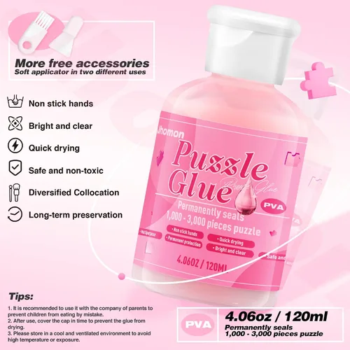 Vista 3 de Pegamento transparente para rompecabezas con cepillos, 4.1 fl oz, accesorios y herramientas de rompecabezas, hojas especiales solubles en agua