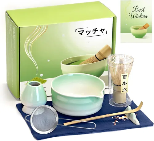 Vista 9 de Juego de batidor de matcha, 7 piezas de batidor de cerámica matcha, cuenco con boquilla, soporte, tamiz inoxidable, cuchara de bambú y toalla de té