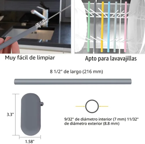 Vista 6 de Sunseeke Pajitas de Silicona Reutilizables - Sin Olor, 12 Pajitas Estándar para Beber, 4 Bolsas de Transporte, 2 Cepillos de Limpieza, Silicona