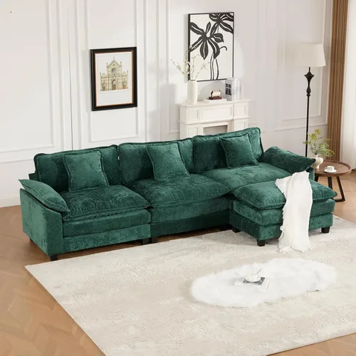Vista 39 de Sofá seccional modular verde de 111.5", sofás seccionales grandes de 3 plazas para sala de estar, sofá nube oversized de tela chenille con otomana