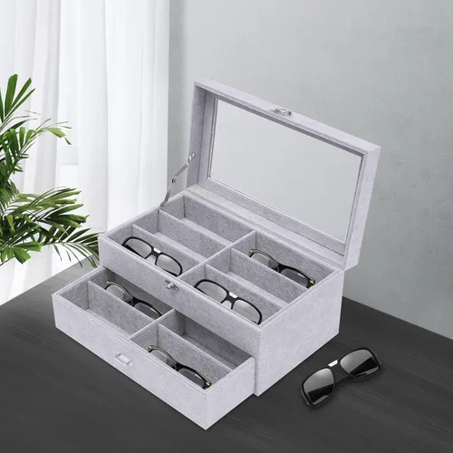 Vista 9 de Organizador de lentes de sol de 12 ranuras con parte superior de vidrio transparente para mujeres y hombres, elegante vitrina de gafas