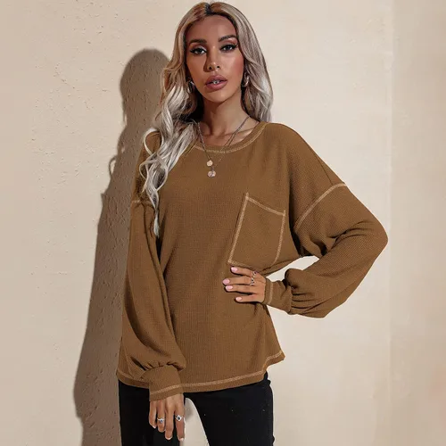Vista 5 de LAO POPO Women's Long Sleeve Casual Round Neck Sweatshirt Pullover Loose Solid Color Top Pocket T-Shirt