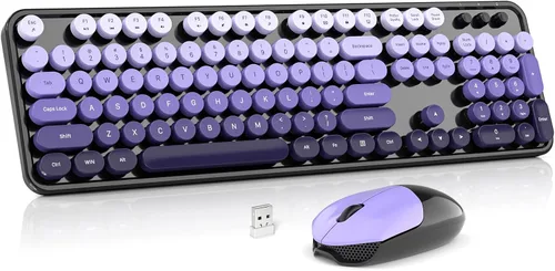 Vista 22 de MOWUX Combo de teclado y mouse inalámbricos, máquina de escribir de tamaño completo, teclado de computadora redondo retro, lindo mouse óptico, 2.4G