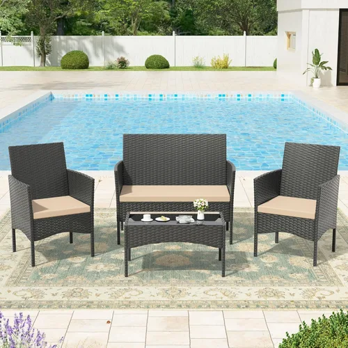Vista 6 de Kullavik - Juego de muebles de patio de 4 piezas, sillas de mimbre de polietileno Beige