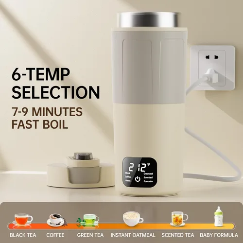 Vista 2 de Hervidor eléctrico portátil de doble voltaje, agua caliente de viaje para té, café, 6 controles de temperatura y pantalla LCD, acero inoxidable 304