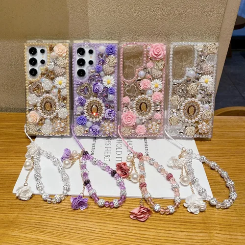 Vista 5 de iFiLOVE Funda para Samsung Galaxy S10 Bling Diamond Case con correa de flores, 3D de lujo con purpurina de cristal de imitación de perlas y rosas