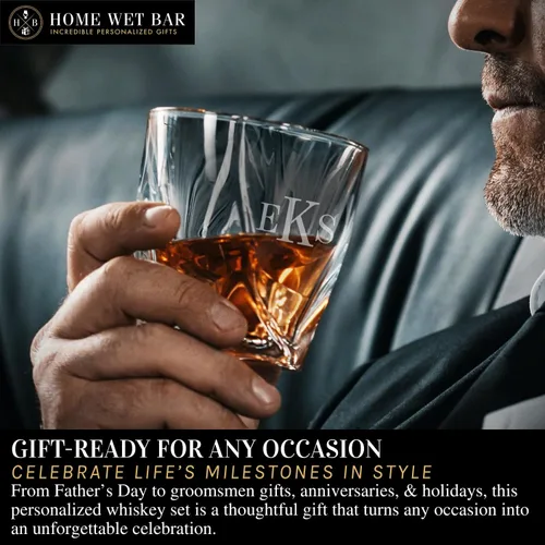 Vista 8 de Vasos de Whisky Personalizados – Juego de vasos de whisky con giro personalizado y grabado y estuche de exhibición con piedras de whisky de Home Wet