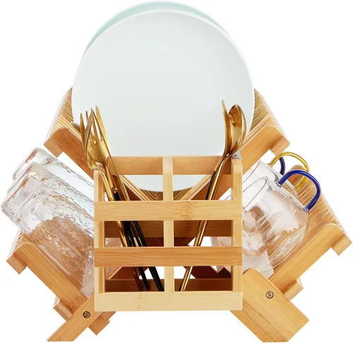 Vista 11 de Escurridor de platos de bambú, estante plegable de 2 niveles con soporte para utensilios, estante de secado de platos de madera para encimera