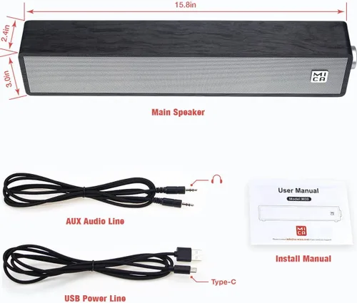 Vista 7 de MICA - Altavoces Bluetooth para computadora, altavoces de PC de madera retro en ángulo, conexión auxiliar de 0.138 in, barra de sonido de Gris