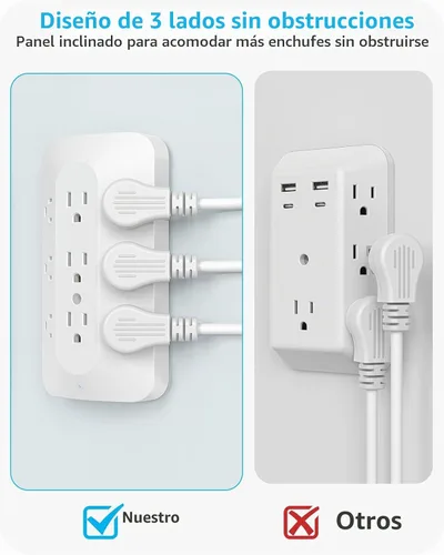 Vista 4 de Extensor de 9 salidas de CA, toma de pared de enchufe múltiple con USB C
