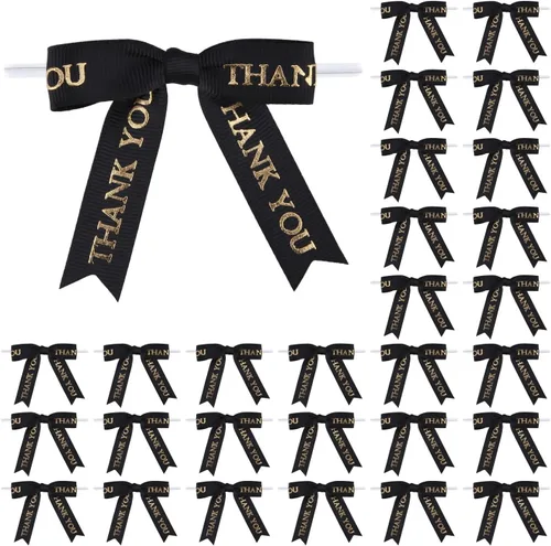 Vista 11 de Meseey 30 lazos de cinta impresos en oro de 2.5 pulgadas, lazos pequeños para envolver regalos, baby shower, boda, recuerdos de fiesta, paletas